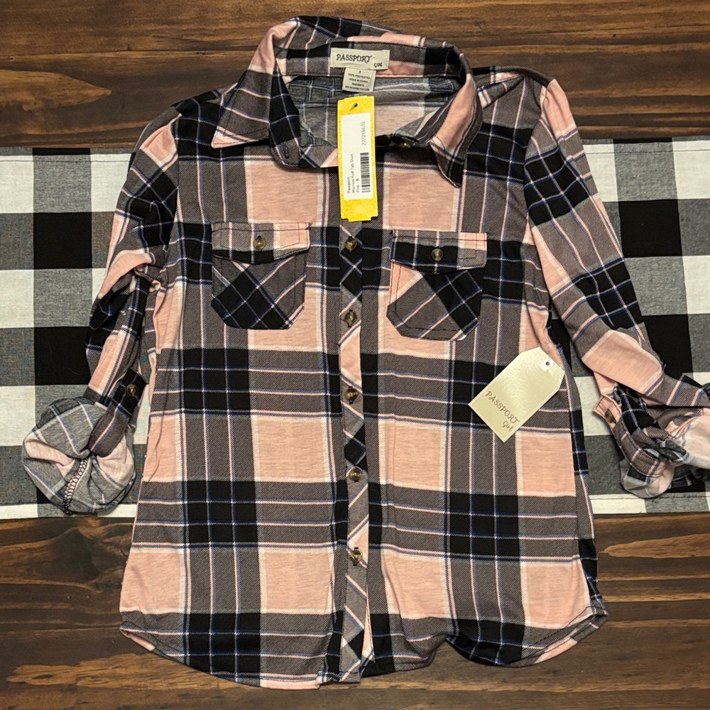 Passport Pink and Black Plaid Button-Up Shirt roll sleeve 8 new